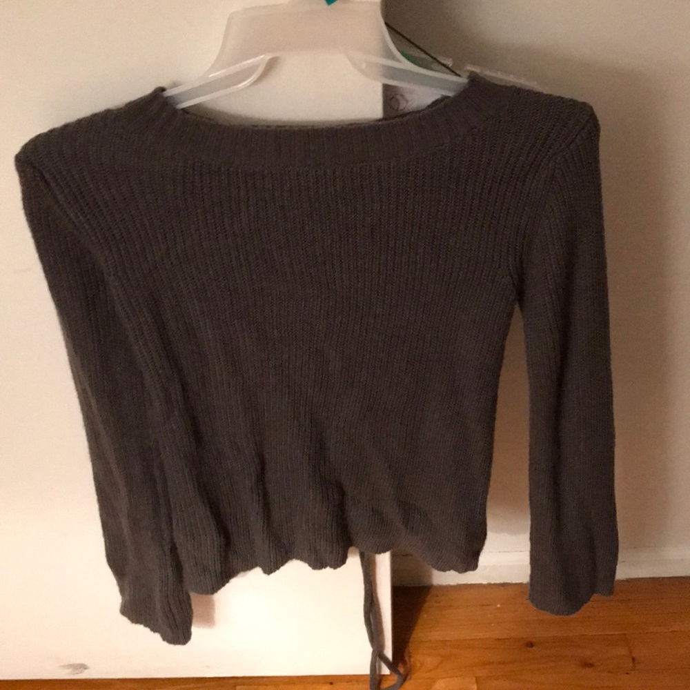 Gray crew neck sweater with open back
